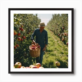 Farmer Picking Apples In An Orchard Art Print
