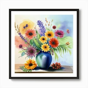 Watercolor Flowers In A Vase Art Print