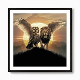 Owl And Lion Art Print