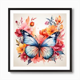 Watercolor Butterfly And Flowers Art Print