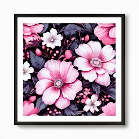 Floral Fantasia A Vibrant Pattern Bursting With Baby Pink White And Dark Pink f lowers Pink Flowers On Black Background Art Print