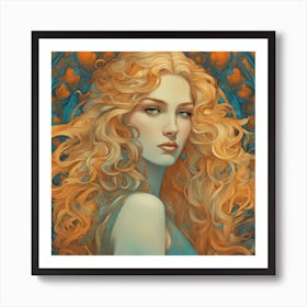 An Illustration Of A Woman In Costume With Long Curly Blonde Hair, In The Style Of Neon Art Nouvea (3) Art Print