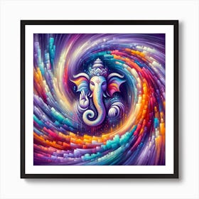 "Spiritual Spectrum: Lord Ganesha in Cosmic Vortex" - This transcendent artwork captures Lord Ganesha amidst a whirlwind of cosmic energy. A spiritual symphony of colors wraps around the deity in a vibrant vortex, symbolizing his role as the remover of obstacles and lord of new beginnings. The rich palette swirls with deep purples, blues, and fiery oranges, each hue melting into the next, representing the continuous flow of life’s cycles. This piece is a stunning fusion of tradition and modernity, ideal for bringing a touch of divine inspiration and artistic brilliance into your space. Own this captivating representation of Ganesha and let it be a beacon of wisdom, prosperity, and peace in your home. Art Print