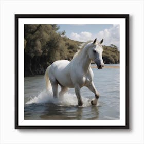 White Horse In Water Art Print