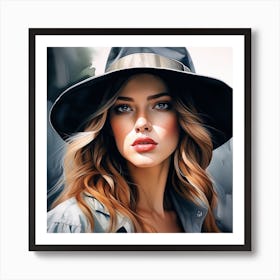 The Explorers Beautiful Daughter with a Black Hat - Watercolor Portrait Painting Art Print