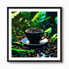 Coffee Cup With Green Leaves Art Print