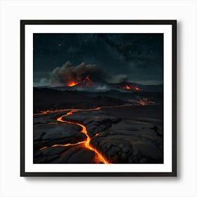 A Dramatic Volcanic Landscape With Flowing Lava, Steaming Vents, And A Dark, Starry Sky Art Print