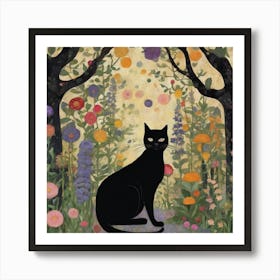 Klimt Style, Black Cat In A Garden Art Print Art Print