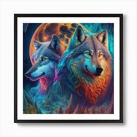 Two Wolves In Front Of The Moon Art Print