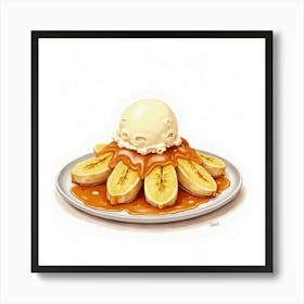 A Delicate Watercolor Portrait Of A Classic Banana Foster With Caramelized Bananas And Vanilla Ice Cream Art Print