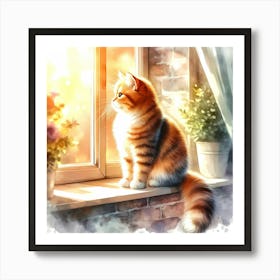 Cat Sitting On Window Sill Art Print