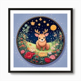 Firefly Charming, Cute, Reindeer, Baby, Winter, Meadow, Starry, Night, Round, Background, Peonies, S (1) Art Print