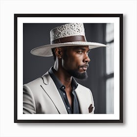 The Black Man with A Decorative Hat dressed in White Fashion - Photo Real Portrait Art Print