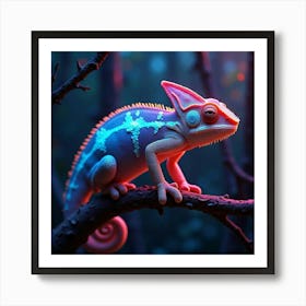 A Chameleon With Glowing, Shifting Colors, Blending Into A Neon Lit Forest Art Print