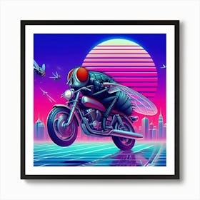 An Image Of A Fly Riding A Motorbike In A Vaporwave, With A Wide Angle View 3 Art Print