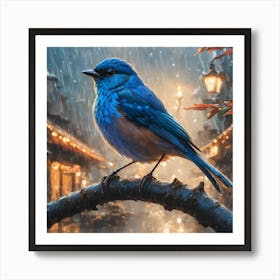 Blue Bird In The Rain Art Print