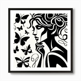 Black and White Female Portrait with Butterflies Art Print