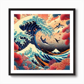 Dance of the Coral Kingdoms, Inspired by Hokusai's iconic Great Wave and Japanese woodblock prints Art Print