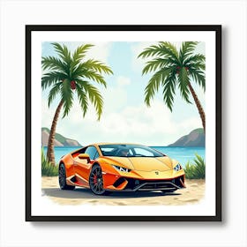 Lamborghini Huracán In A Watercolor Tropical Paradise With Palm Trees 1 Art Print