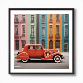 Vintage Car In Front Of Colorful Buildings Art Print