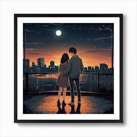 an anime young loving couple, lonely feeling, hope, vector, cartoon style, night 1 Art Print