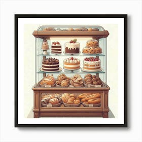 A digital painting of a bakery display case filled with delicious pastries, cakes, cookies, and breads. The case is made of wood and glass, and the background is a light cream color. The bakery case is filled with a variety of baked goods, including cakes, cupcakes, cookies, and pastries. The cakes are decorated with frosting, sprinkles, and fruit. The cupcakes are topped with frosting and sprinkles. The cookies are in a variety of shapes and sizes. The pastries are flaky and golden brown. The bakery case is a mouthwatering display of delicious baked goods. Art Print