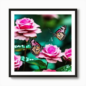 Butterfly On Pink Roses Art Print