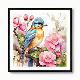 Watercolor Bird On A Branch Art Print