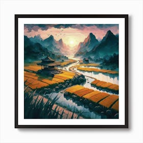Beautiful views of rice fields, close to the river and surrounded by mountains, 1 Art Print