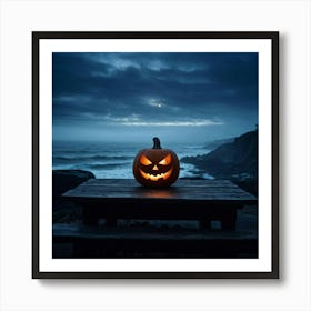 Jack O Lantern With A Glaring Eye Atop A Wooden Table On A Skittish Misty Coastline During Dusk S (6) Art Print