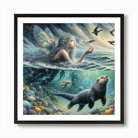 Mermaid with sea otter Art Print