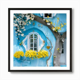 Blue House With Yellow Flowers Art Print