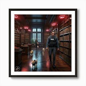 Police Officer Walking Dogs In Library 1 Art Print