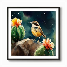 Cactus Wren Bird On A Rock Earth Tone Background A Art Print