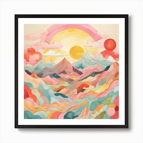 Sunny Mountain Mosaic A Playful Pastel Landscape Illustration Art Print