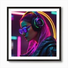 Neon Girl With Headphones Art Print