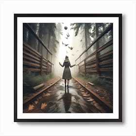 Girl Walks Through The Forest Art Print