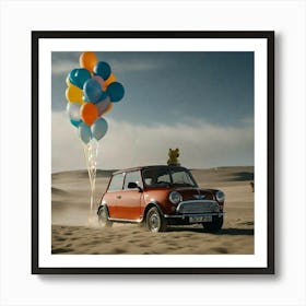 Balloons and car parked in the desert Art Print