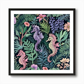 Dark Bright Playful Seahorses Pattern Art Print