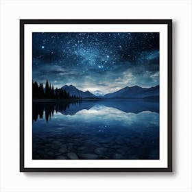 Peaceful Lake With Spectacular Starlit Reflection Art Print
