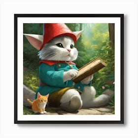 Cute Kawaii Gnome Girl Sitting And Painting Her Cats Back With Magic Brushstunning Masterpiece B 678276440 (1) Art Print