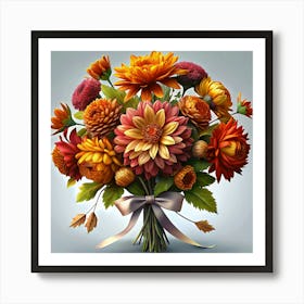 Bouquet Of Autumn Flowers With A Silver Ribbon Art Print