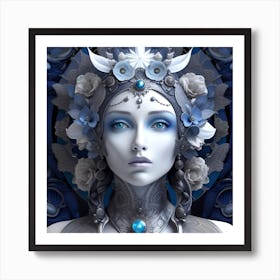Woman With Blue Flowers Art Print