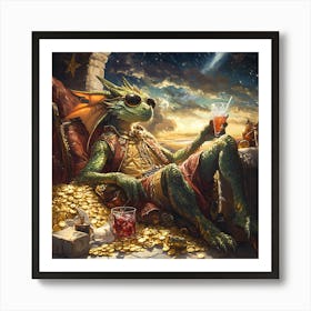 Cool Dragon Lounging on Gold Background 12 Art Print