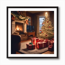Christmas Presents Under Christmas Tree At Home Next To Fireplace Haze Ultra Detailed Film Photog (11) Art Print
