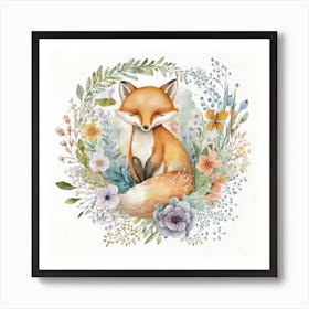 Watercolor Forest Cute Baby Fox 1 Art Print