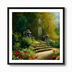 Craiyon 221418 Monet Viktorian Garden Rennaissance Rococo Entre On Garden Curved Stairs Garden Palac Art Print