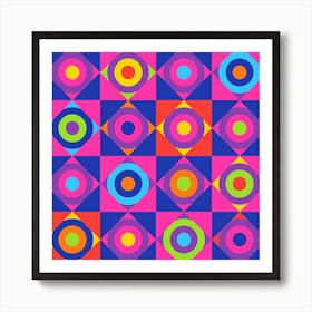 GEOMETRIC CIRCLE CHECKERBOARD TILES in Glam 70s Disco Revival Colours Pink Purple Red Orange Art Print