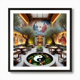 A Tranquil Courtyard Interior With A Yin Yang Koi Art Print