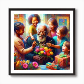 Kids Offering Gifts To Sweet Old Man Art Print